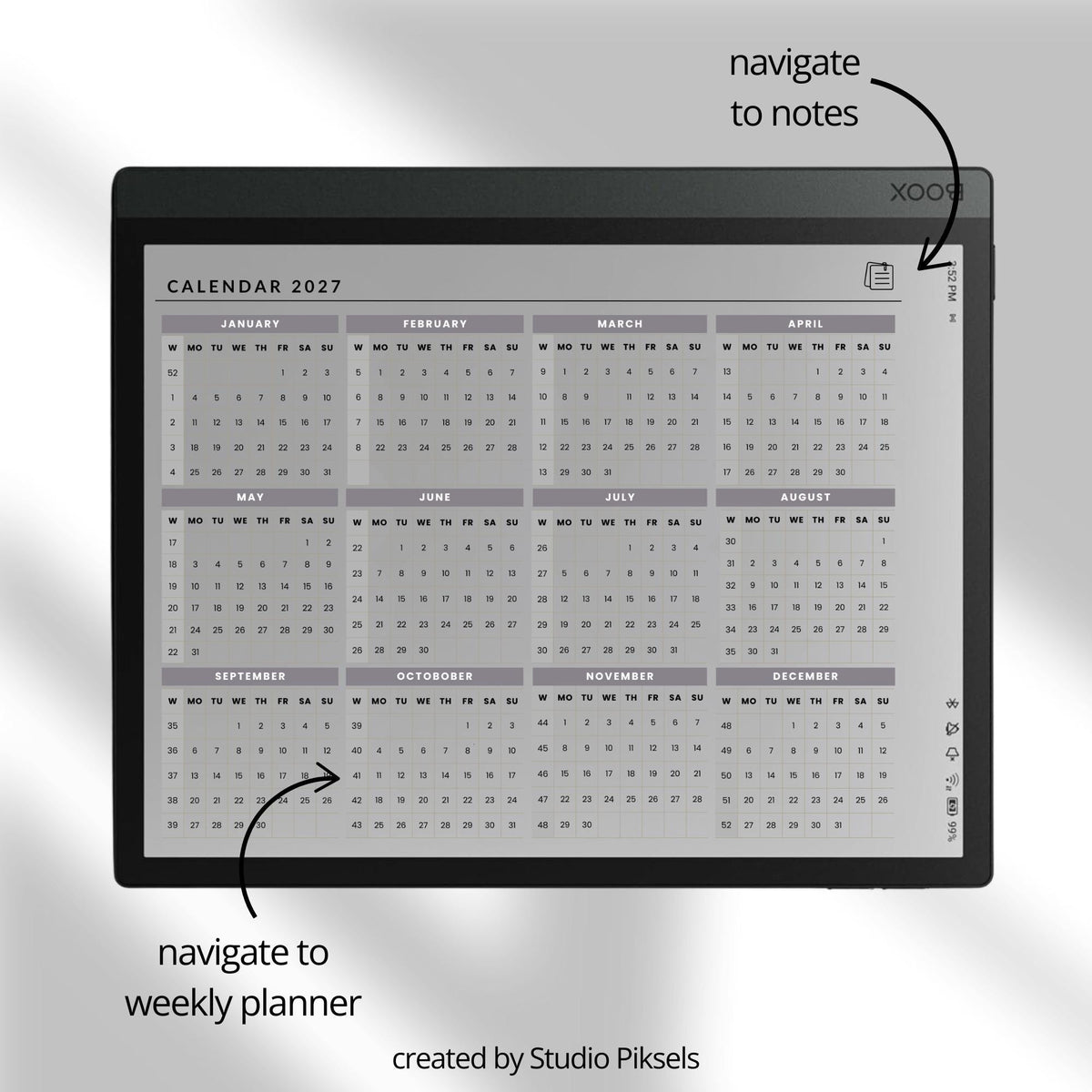 2-Year hyperlinked weekly planner bundle for BOOX devices featuring 2026 and 2027 digital planners with quarterly indexes, weekly navigation, and minimalist layouts.