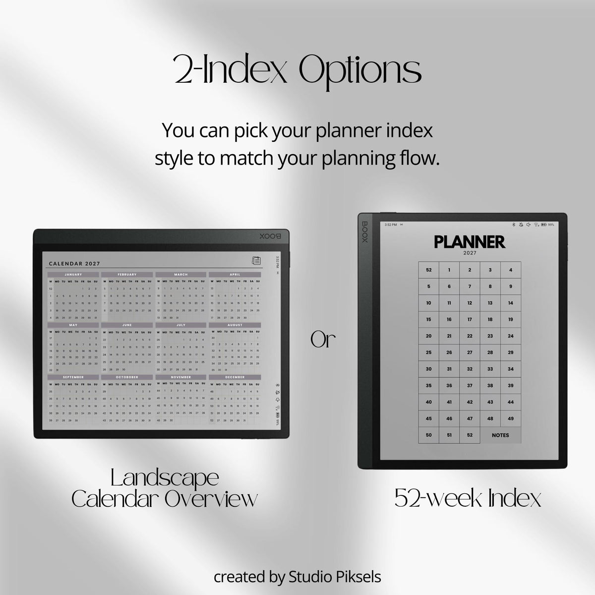 2-Year hyperlinked weekly planner bundle for BOOX devices featuring 2026 and 2027 digital planners with quarterly indexes, weekly navigation, and minimalist layouts.