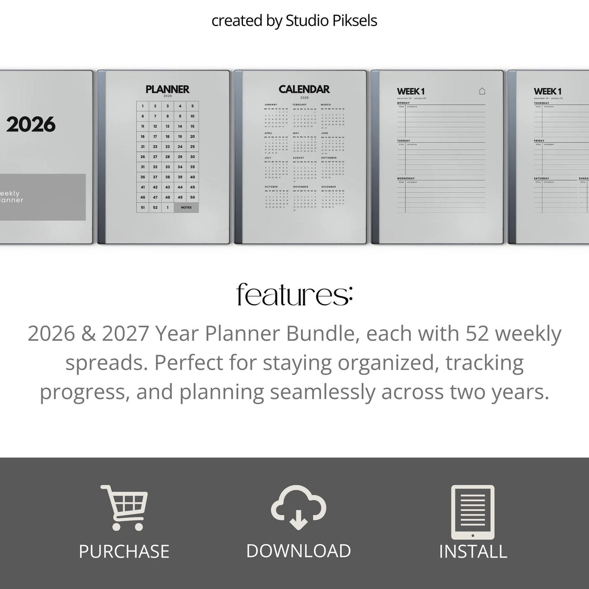 2026 + 2027 Hyperlinked Week Planner for reMarkable digital product preview.