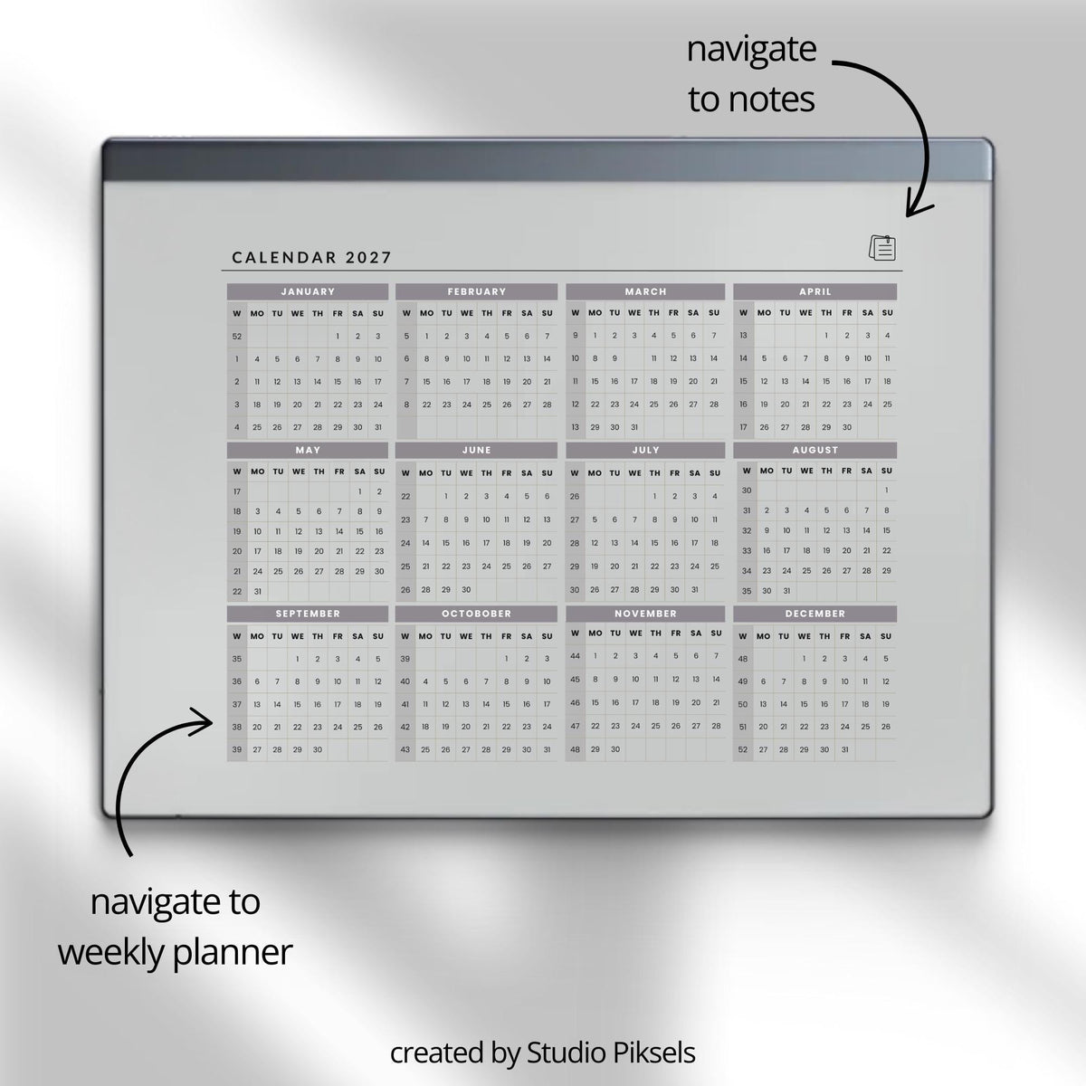 2026 + 2027 Hyperlinked Week Planner for reMarkable digital product preview.