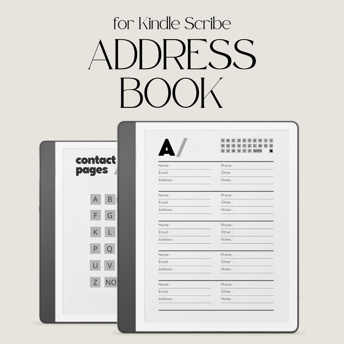 Minimalist hyperlinked Address Book for Kindle Scribe with A to Z navigation tabs, organized contact pages, notes section, and clean digital contact organizer layout.