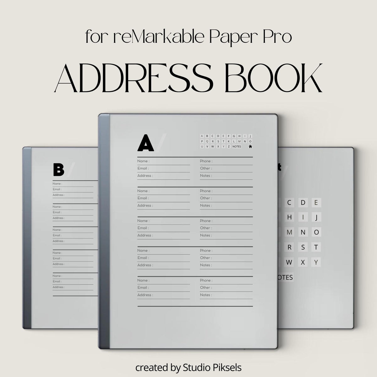 Address Book PDF for reMarkable 2 and Paper Pure with grayscale contact pages and hyperlinked digital address book layout