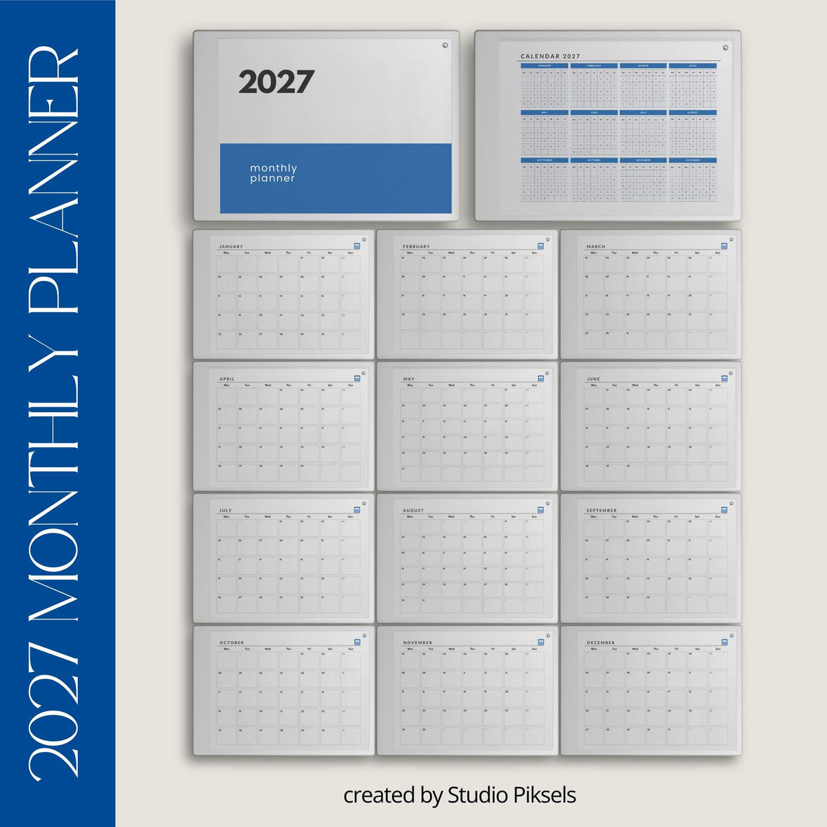 2026 and 2027 landscape monthly planner bundle for reMarkable Paper Pro with minimalist digital calendar pages for scheduling and organization.