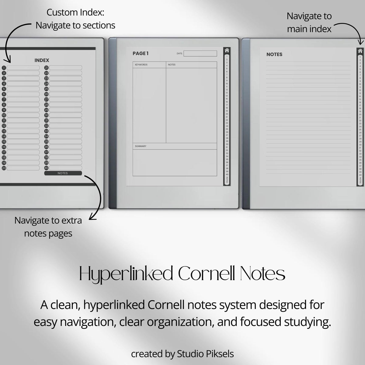 Cornell Notebook Bundle for reMarkable featuring hyperlinked digital notebooks with Cornell note-taking templates, lined notes pages, and organized navigation tabs.