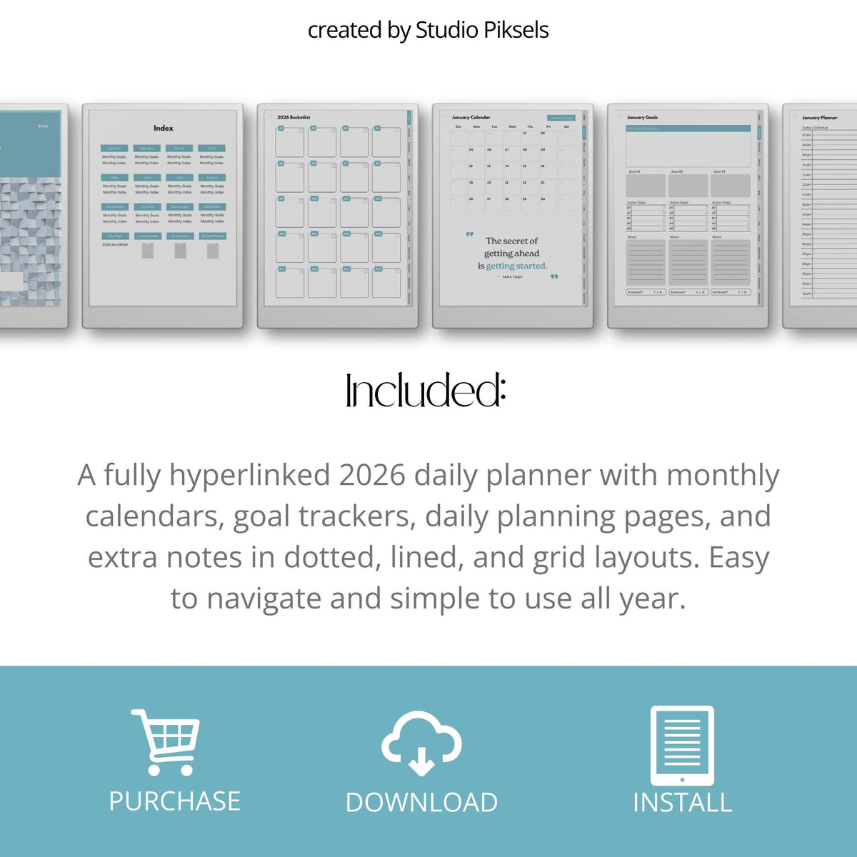 Stay organized throughout 2026  with this Daily Planner for reMarkable Paper Pro. Designed to combine planning, scheduling, journaling, goal setting, and personal reflection.