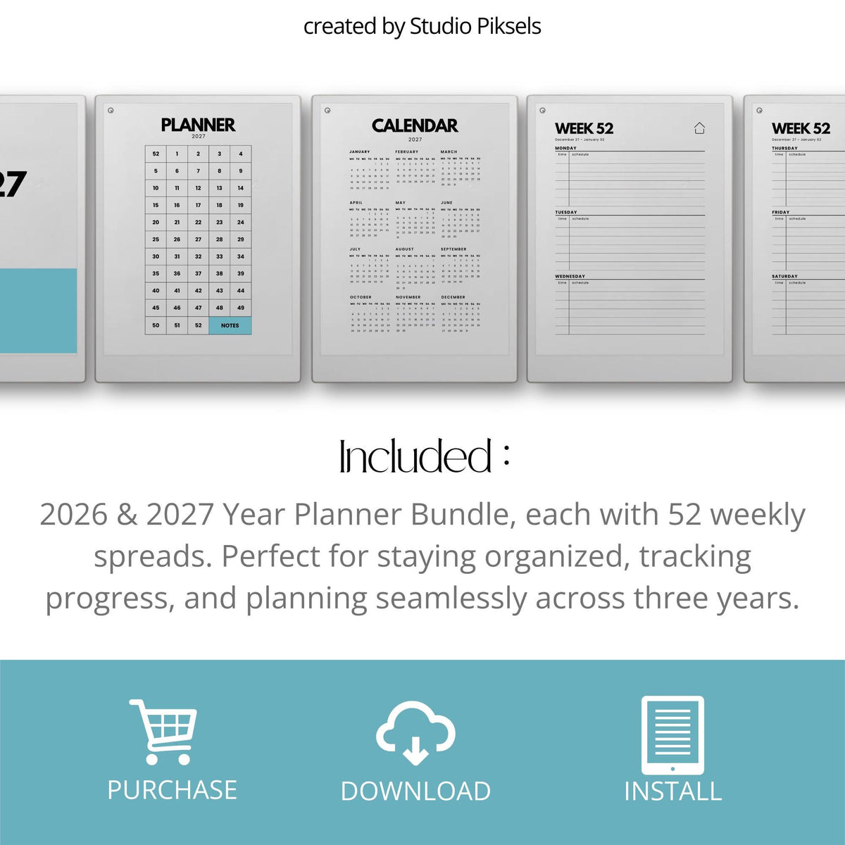 2026 2027 Weekly Planner for reMarkable Paper Pro featuring four hyperlinked digital PDF planners with quarterly and 52-week index versions, 53 dated weekly spreads per year, two-page Monday through Sunday weekly layouts, linked notes section, duplicate-ready note pages, and a flexible time blocking format.