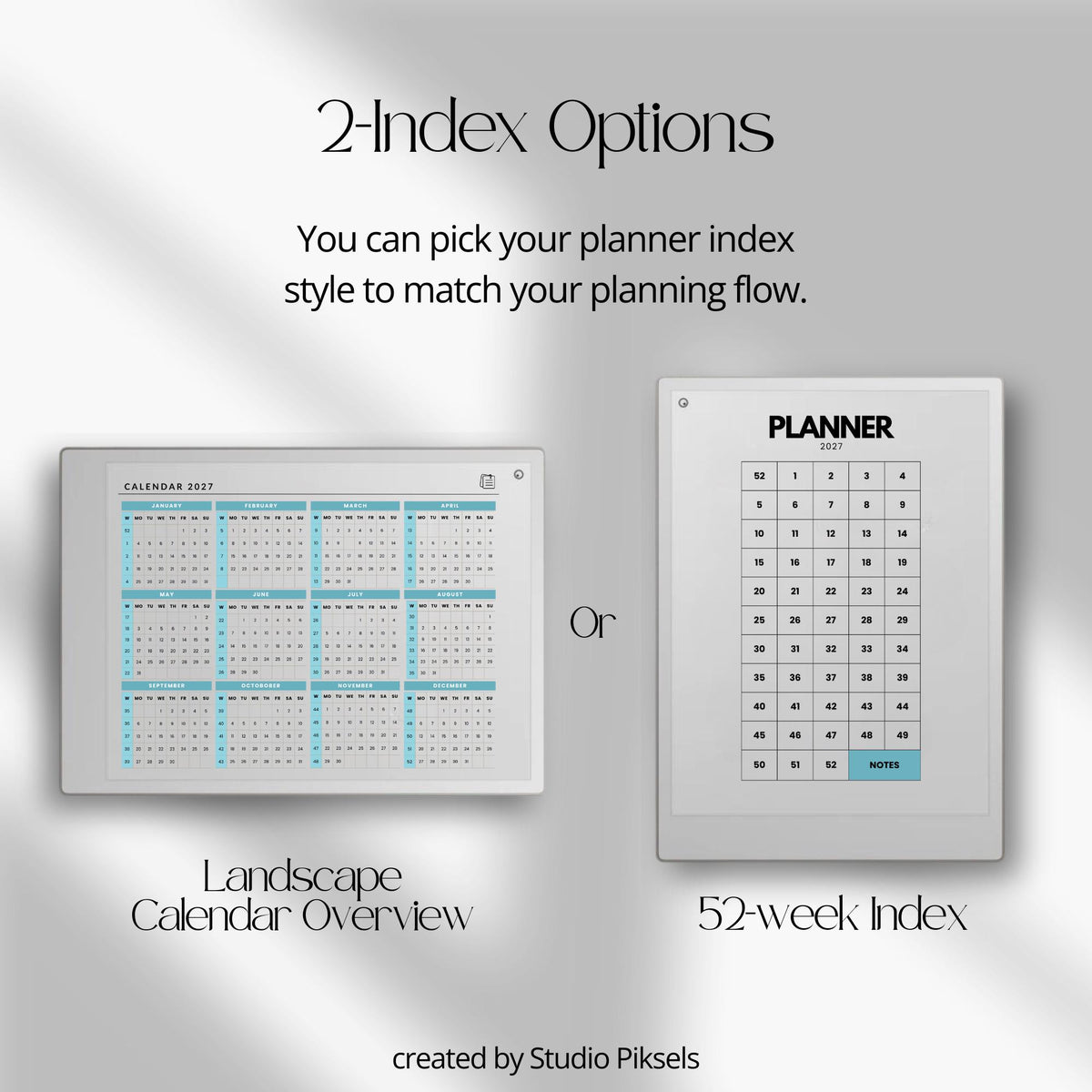 2026 2027 Weekly Planner for reMarkable Paper Pro featuring four hyperlinked digital PDF planners with quarterly and 52-week index versions, 53 dated weekly spreads per year, two-page Monday through Sunday weekly layouts, linked notes section, duplicate-ready note pages, and a flexible time blocking format.