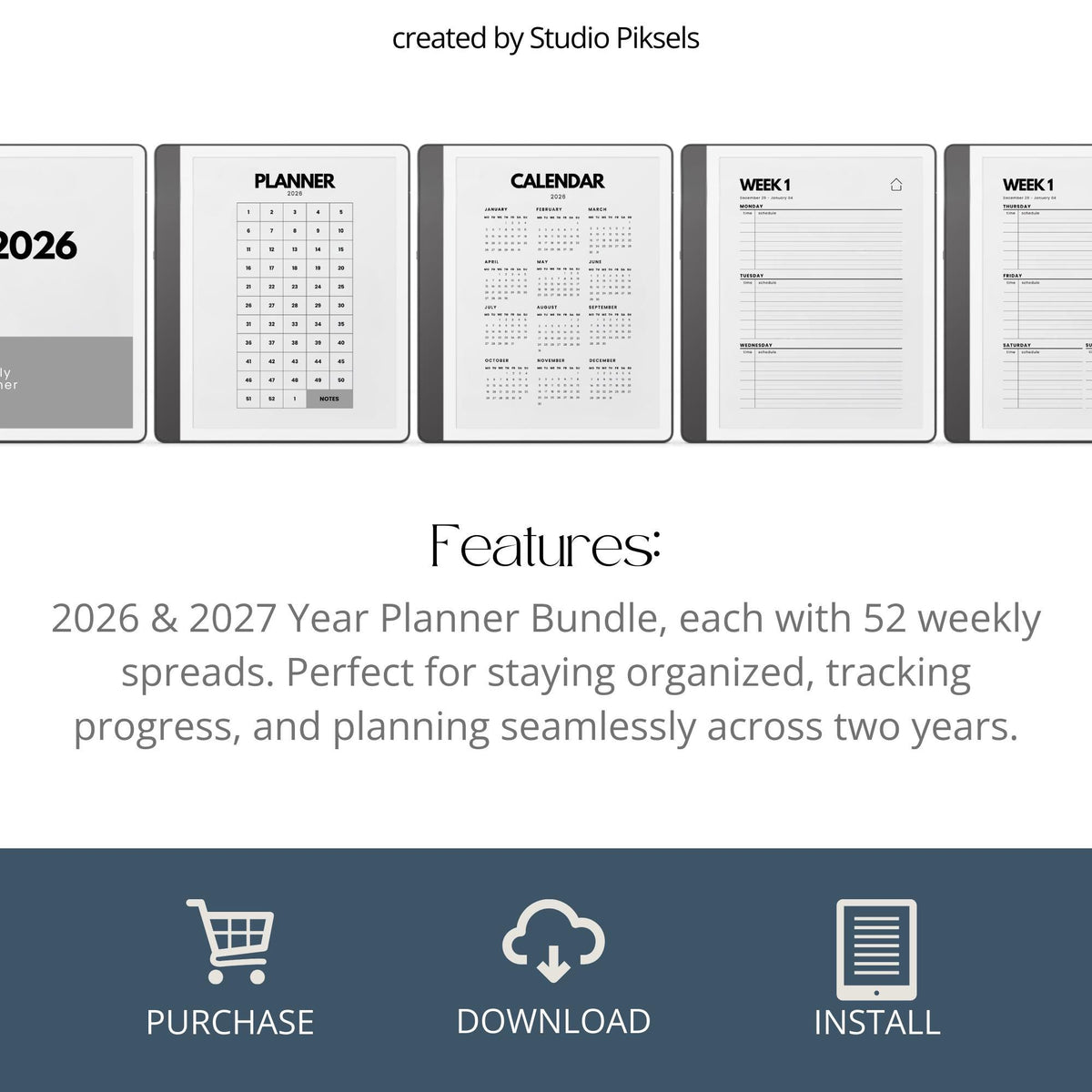 2-Year Hyperlinked Weekly Planner Bundle for Kindle Scribe with 2026 and 2027 weekly spreads, linked indexes, and digital planning layouts.