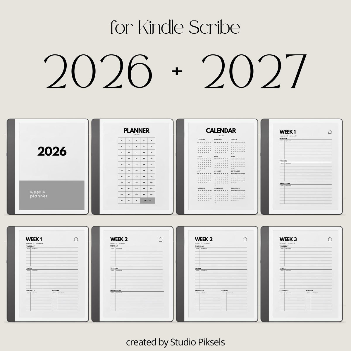 2-Year Hyperlinked Weekly Planner Bundle for Kindle Scribe with 2026 and 2027 weekly spreads, linked indexes, and digital planning layouts.