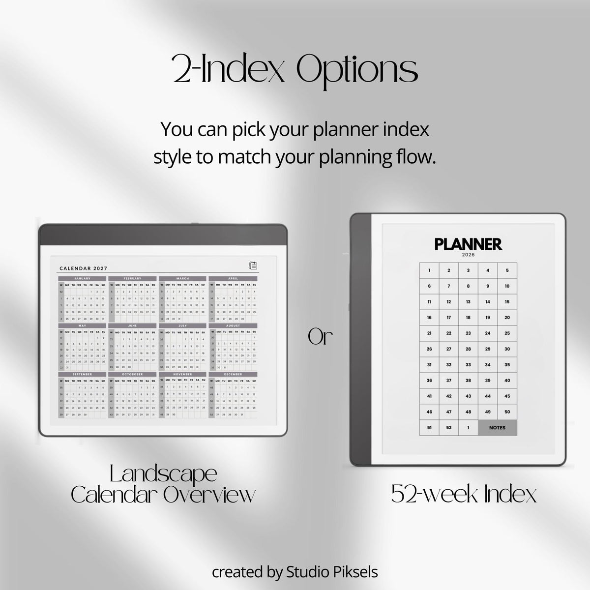 2-Year Hyperlinked Weekly Planner Bundle for Kindle Scribe with 2026 and 2027 weekly spreads, linked indexes, and digital planning layouts.