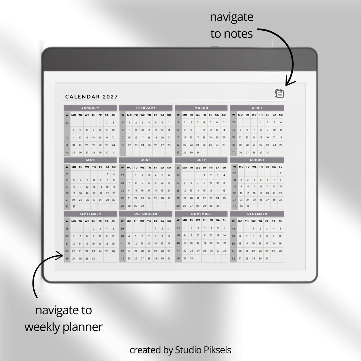 2-Year Hyperlinked Weekly Planner Bundle for Kindle Scribe with 2026 and 2027 weekly spreads, linked indexes, and digital planning layouts.