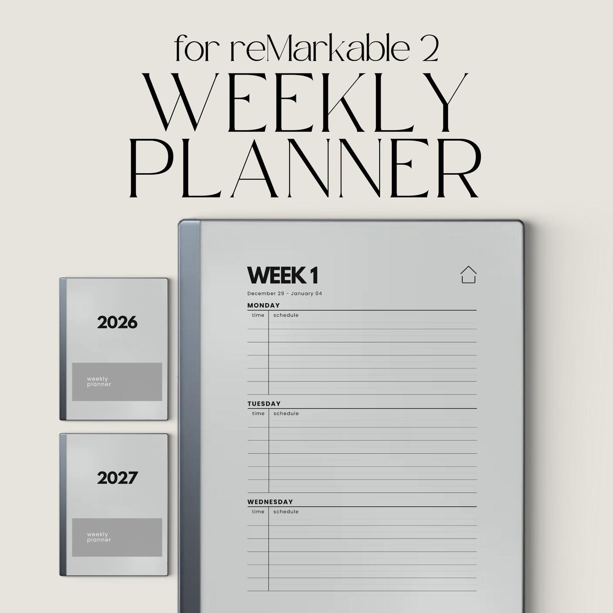 2026 + 2027 Hyperlinked Week Planner for reMarkable digital product preview.