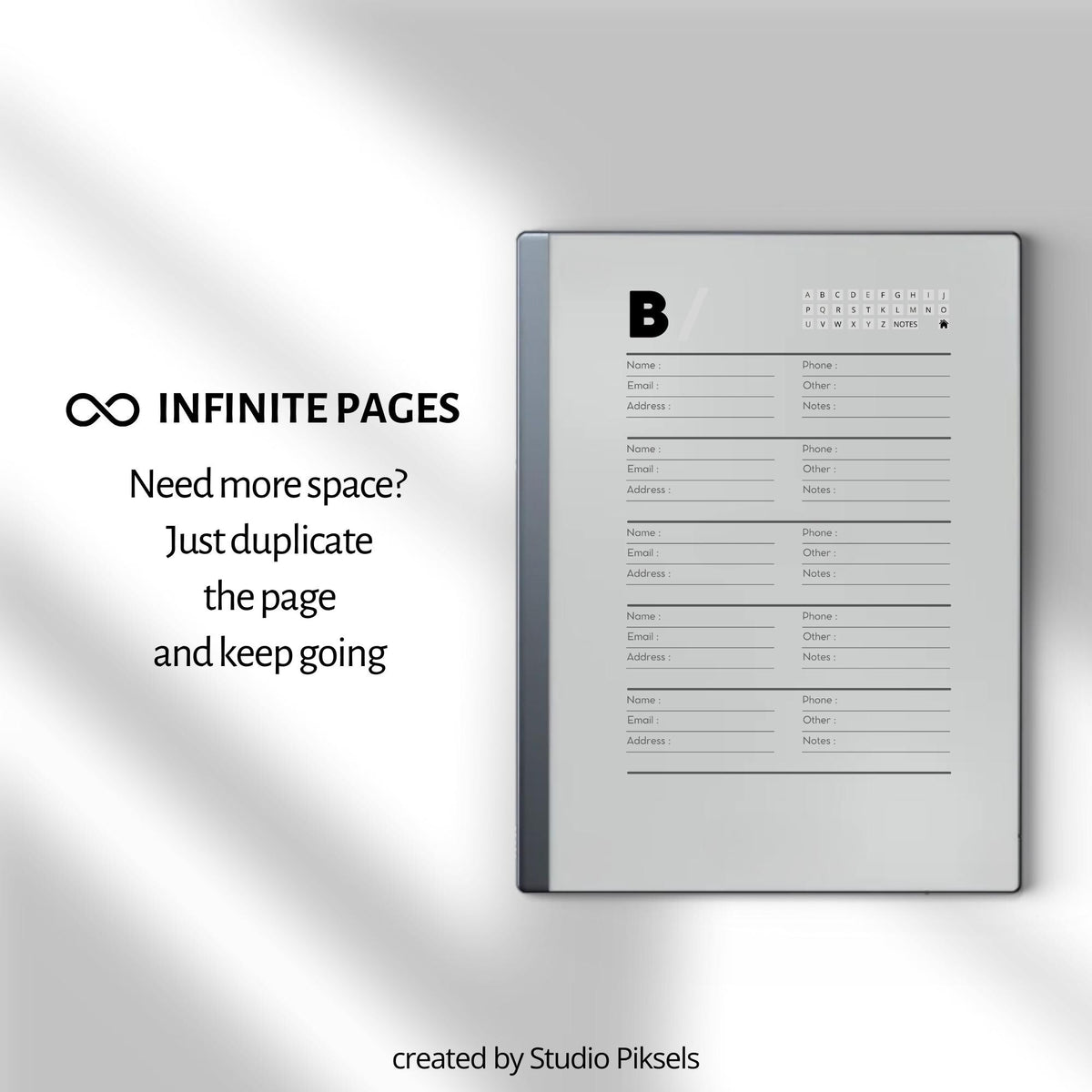 Address Book PDF for reMarkable 2 and Paper Pure with grayscale contact pages and hyperlinked digital address book layout