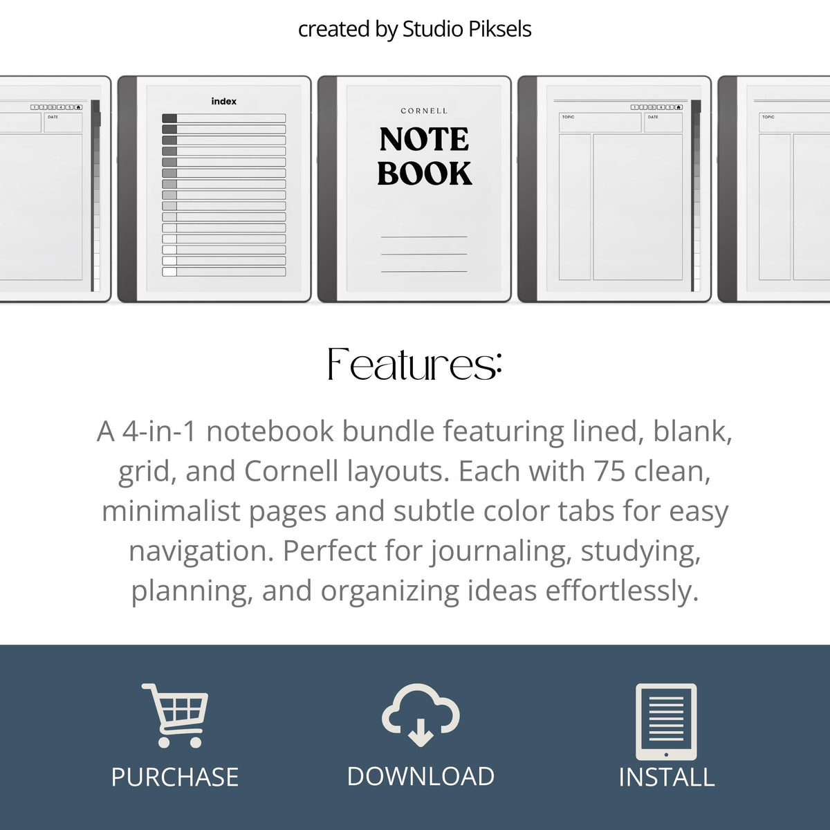 4-in-1 Hyperlinked Notebook Bundle for Kindle Scribe with lined, blank, grid, and Cornell notes layouts and tabbed digital navigation.