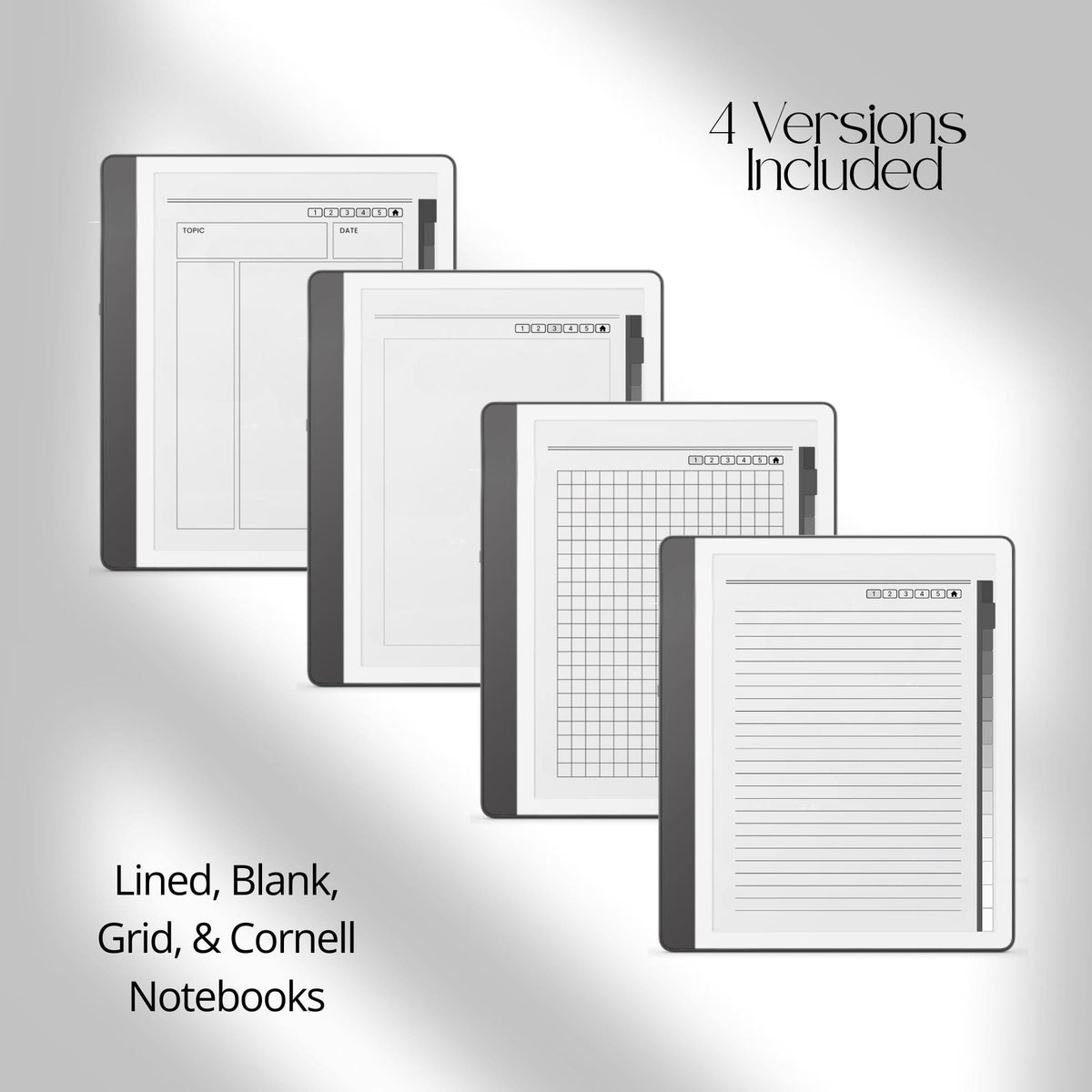 4-in-1 Hyperlinked Notebook Bundle for Kindle Scribe with lined, blank, grid, and Cornell notes layouts and tabbed digital navigation.