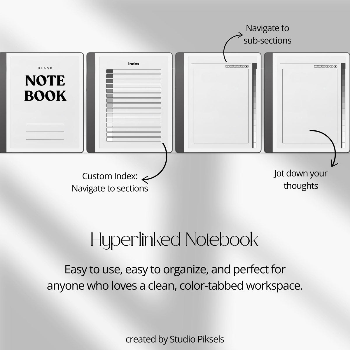 4-in-1 Hyperlinked Notebook Bundle for Kindle Scribe with lined, blank, grid, and Cornell notes layouts and tabbed digital navigation.