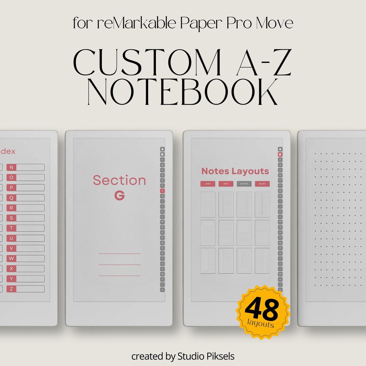 Premium A–Z hyperlinked notebook for reMarkable Paper Pro Move with lined, grid, dotted, and blank digital note layouts