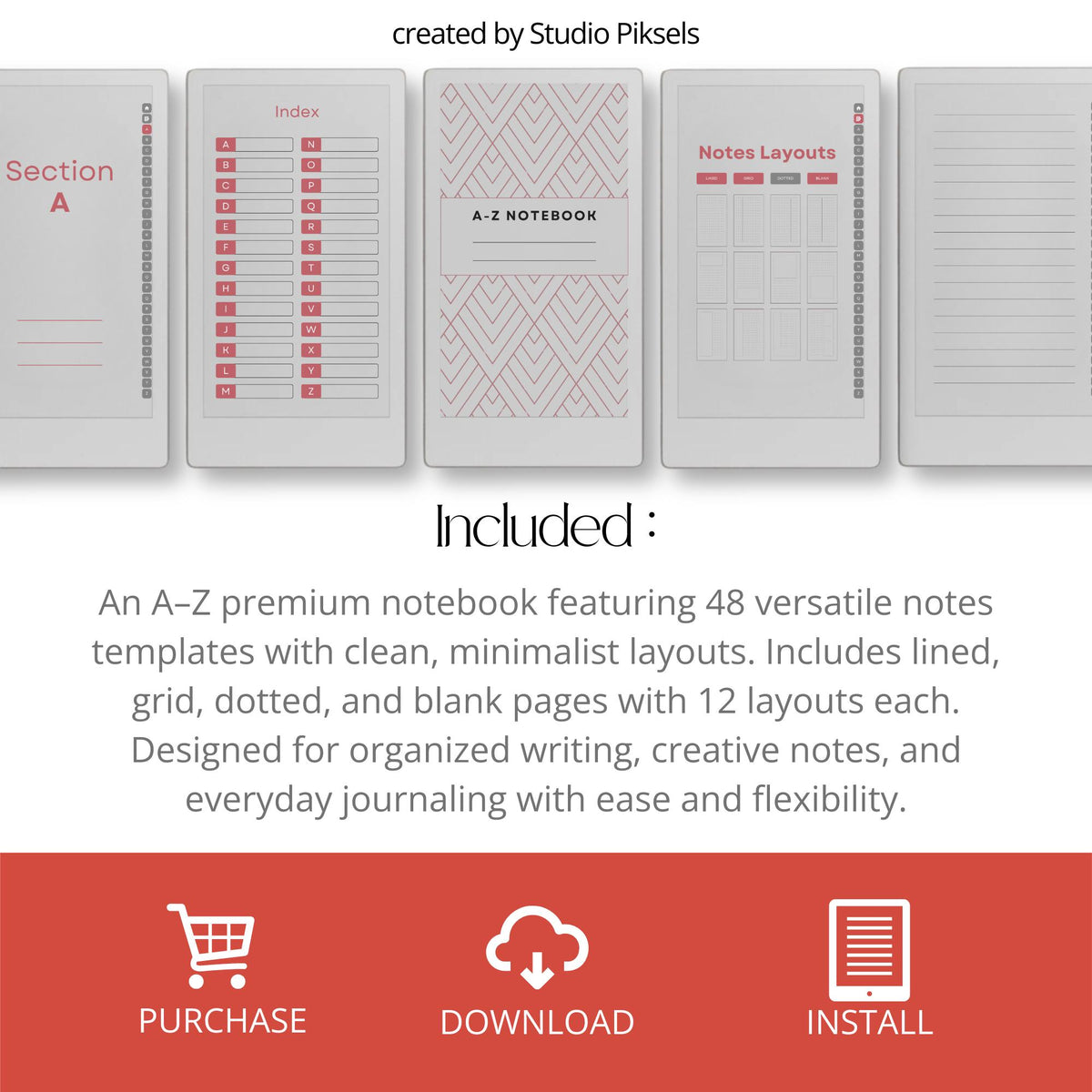 Premium A–Z hyperlinked notebook for reMarkable Paper Pro Move with lined, grid, dotted, and blank digital note layouts