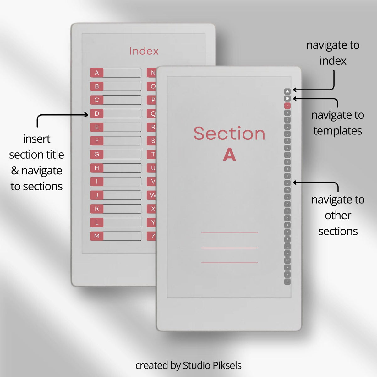 Premium A–Z hyperlinked notebook for reMarkable Paper Pro Move with lined, grid, dotted, and blank digital note layouts