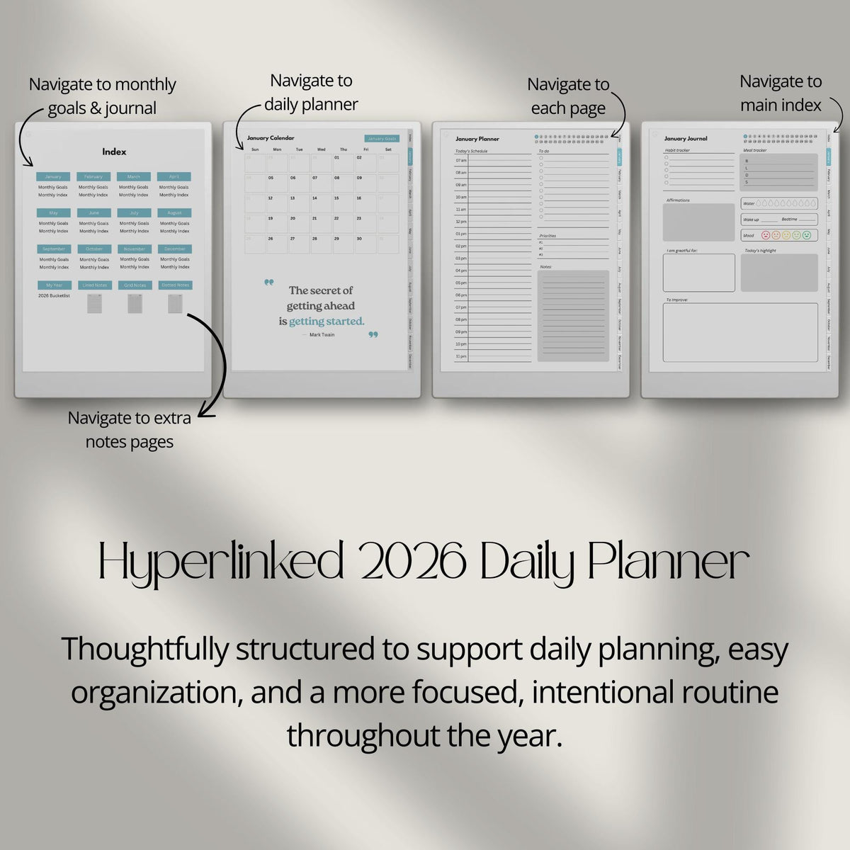 Stay organized throughout 2026  with this Daily Planner for reMarkable Paper Pro. Designed to combine planning, scheduling, journaling, goal setting, and personal reflection.