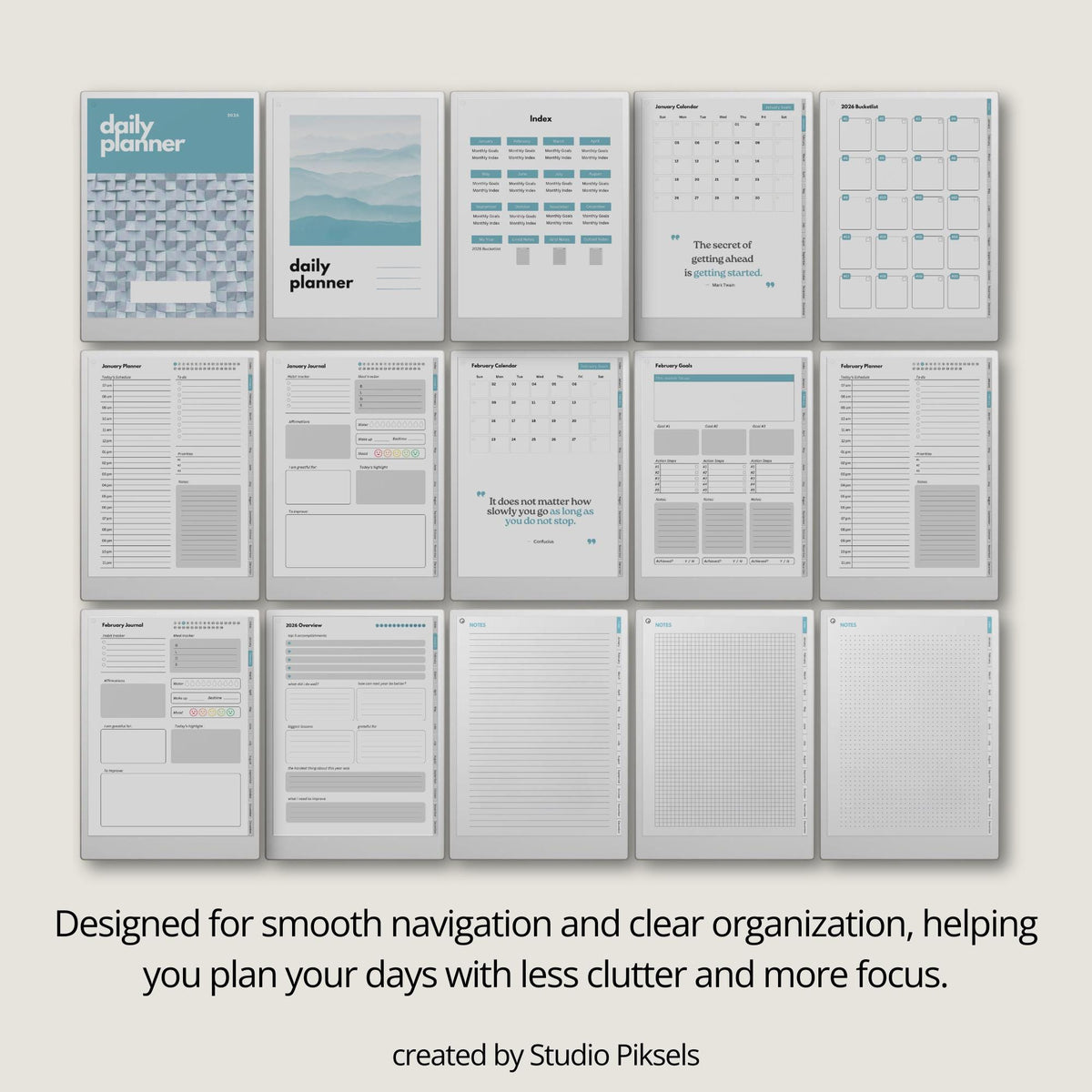 Stay organized throughout 2026  with this Daily Planner for reMarkable Paper Pro. Designed to combine planning, scheduling, journaling, goal setting, and personal reflection.