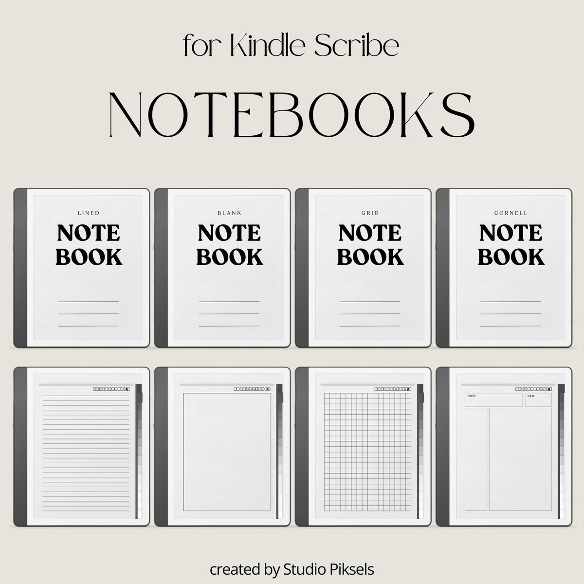 4-in-1 Hyperlinked Notebook Bundle for Kindle Scribe with lined, blank, grid, and Cornell notes layouts and tabbed digital navigation.