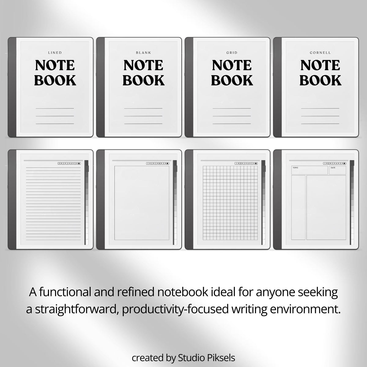 4-in-1 Hyperlinked Notebook Bundle for Kindle Scribe with lined, blank, grid, and Cornell notes layouts and tabbed digital navigation.