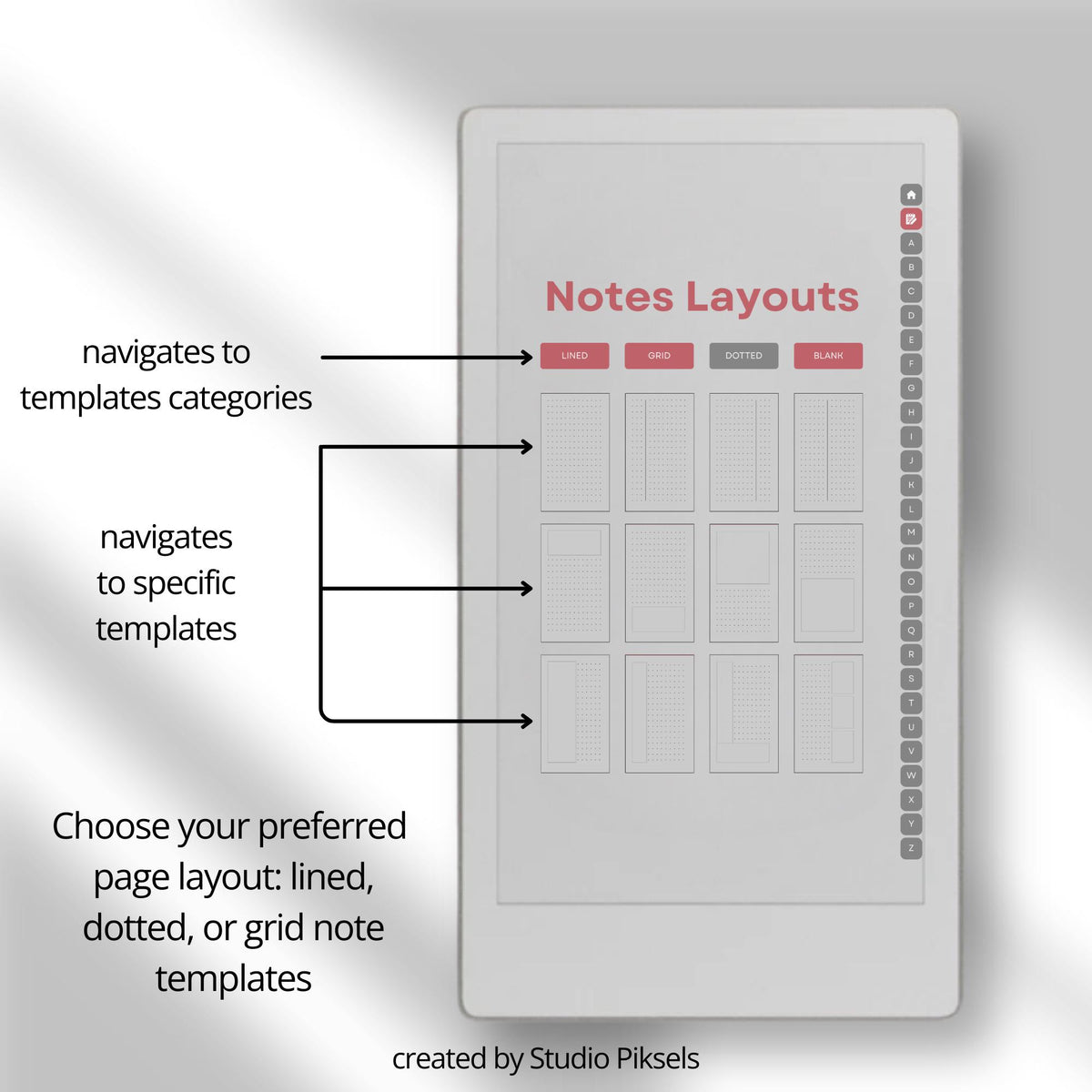 Premium A–Z hyperlinked notebook for reMarkable Paper Pro Move with lined, grid, dotted, and blank digital note layouts