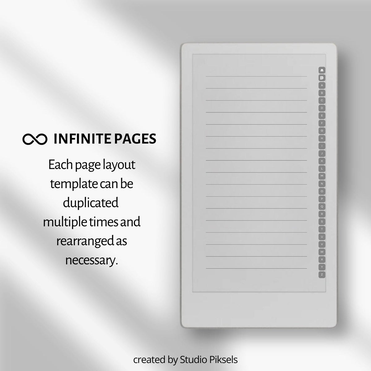 Premium A–Z hyperlinked notebook for reMarkable Paper Pro Move with lined, grid, dotted, and blank digital note layouts