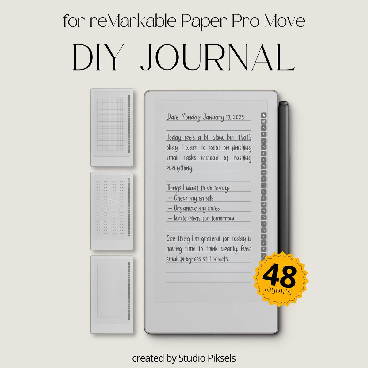 Premium A–Z hyperlinked notebook for reMarkable Paper Pro Move with lined, grid, dotted, and blank digital note layouts