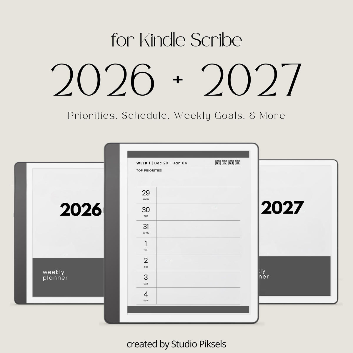 2026 Hyperlinked Weekly Planner for Kindle Scribe featuring weekly spreads, quarterly calendar overviews, linked notes pages, and minimalist digital planner layouts.