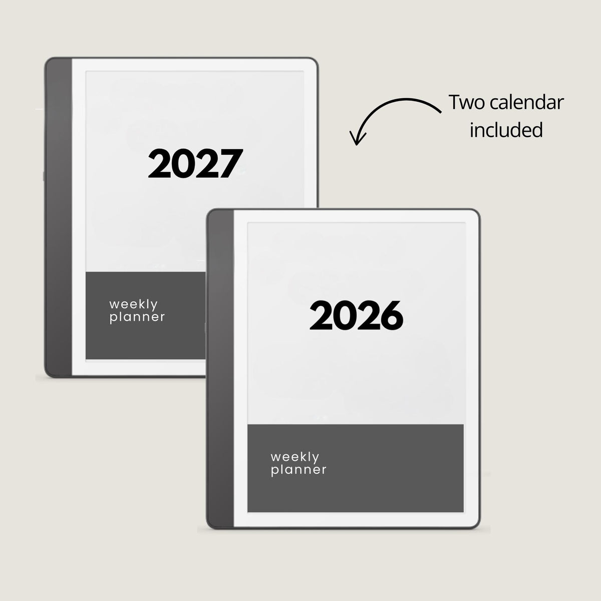 2026 Hyperlinked Weekly Planner for Kindle Scribe featuring weekly spreads, quarterly calendar overviews, linked notes pages, and minimalist digital planner layouts.