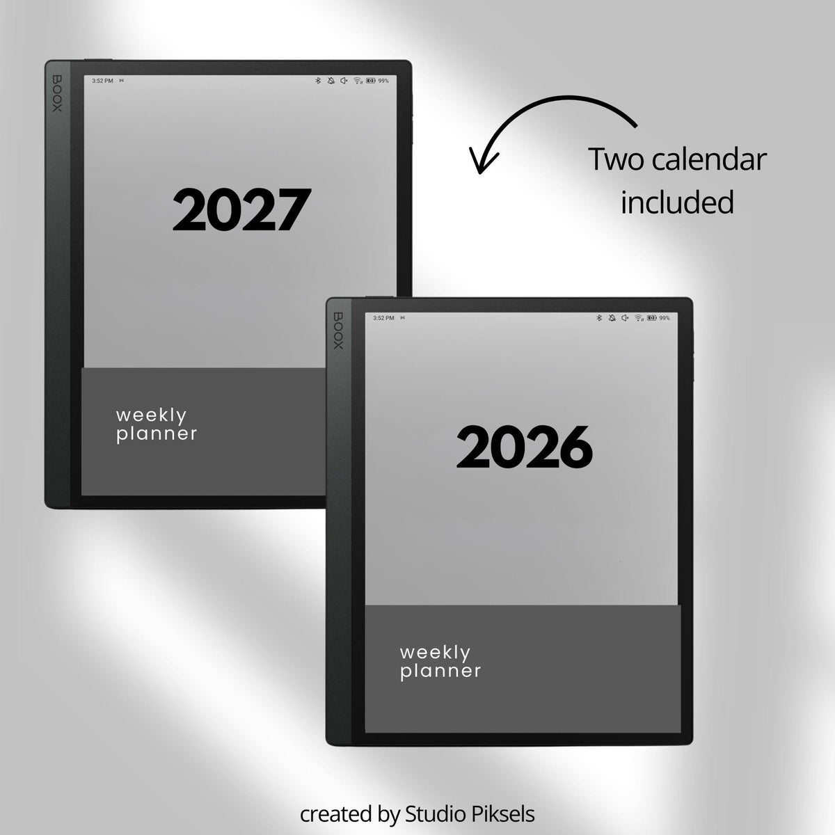 2026 Hyperlinked Weekly Planner for BOOX with linked weekly layouts, quarterly calendar pages, and minimalist digital planning design.