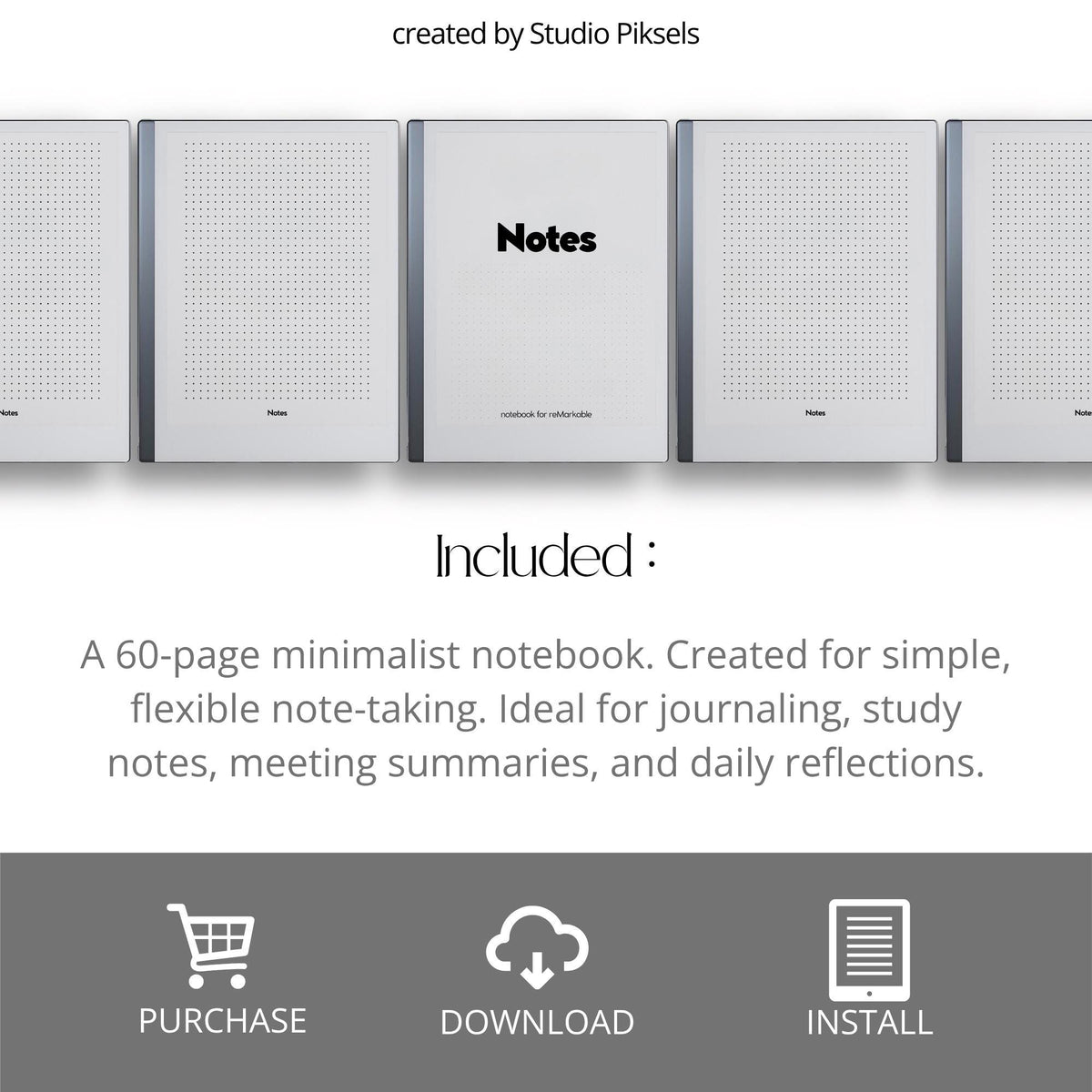 Minimalist dotted grid notebook for reMarkable 2 and Paper Pure with 100 reusable pages for note-taking, journaling, brainstorming, and planning