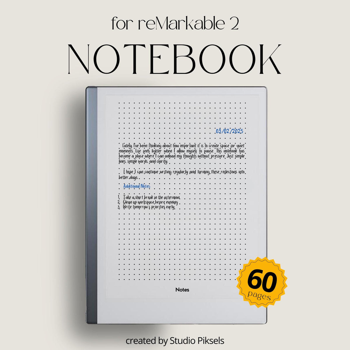Minimalist dotted grid notebook for reMarkable 2 and Paper Pure with 100 reusable pages for note-taking, journaling, brainstorming, and planning