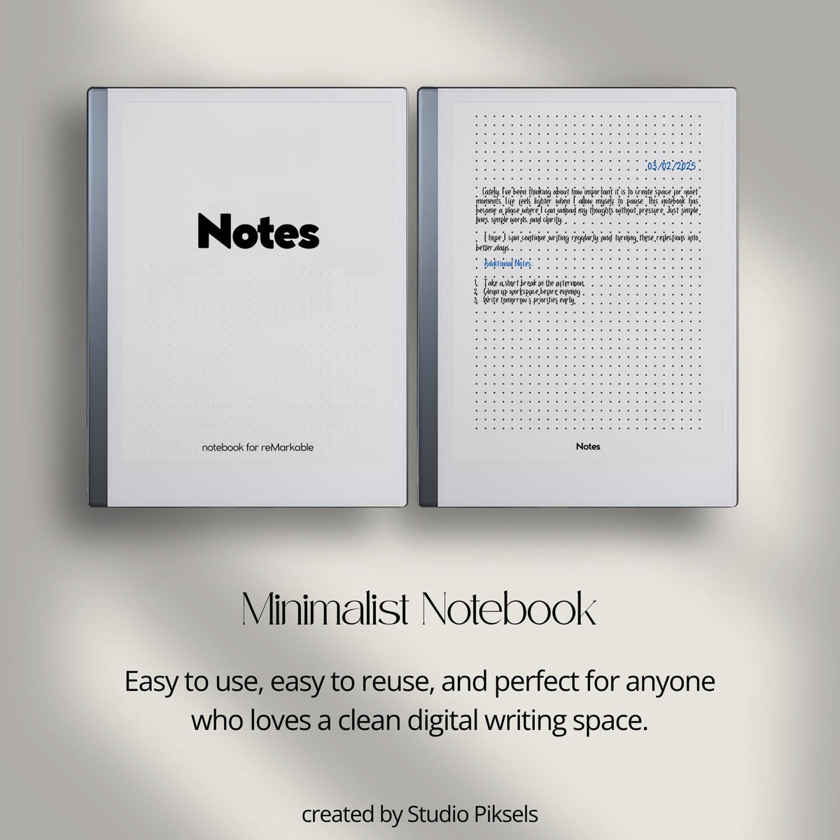 Minimalist dotted grid notebook for reMarkable 2 and Paper Pure with 100 reusable pages for note-taking, journaling, brainstorming, and planning