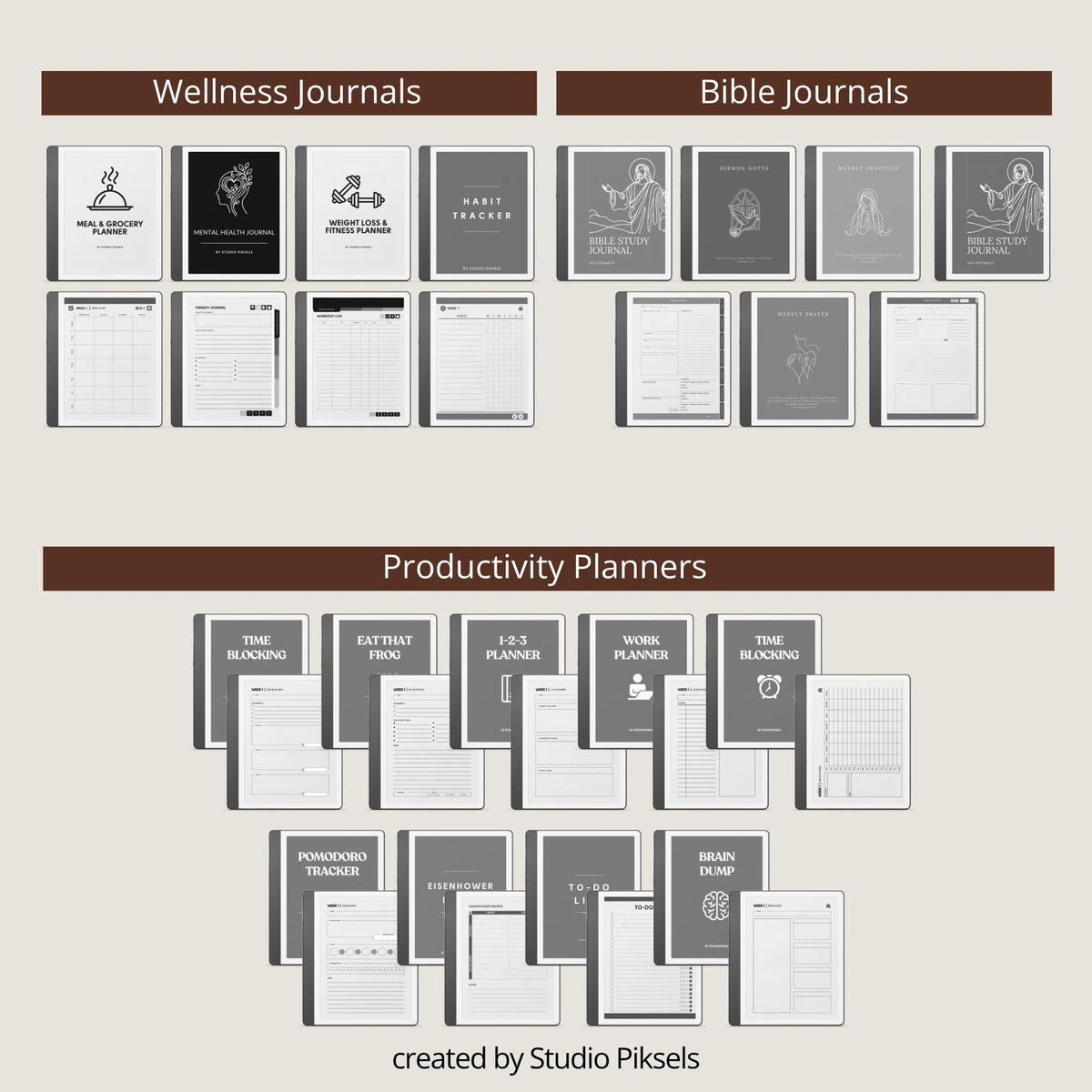 Full Access Template Bundle for Kindle Scribe featuring digital planners, notebooks, productivity trackers, puzzles, and hyperlinked templates.