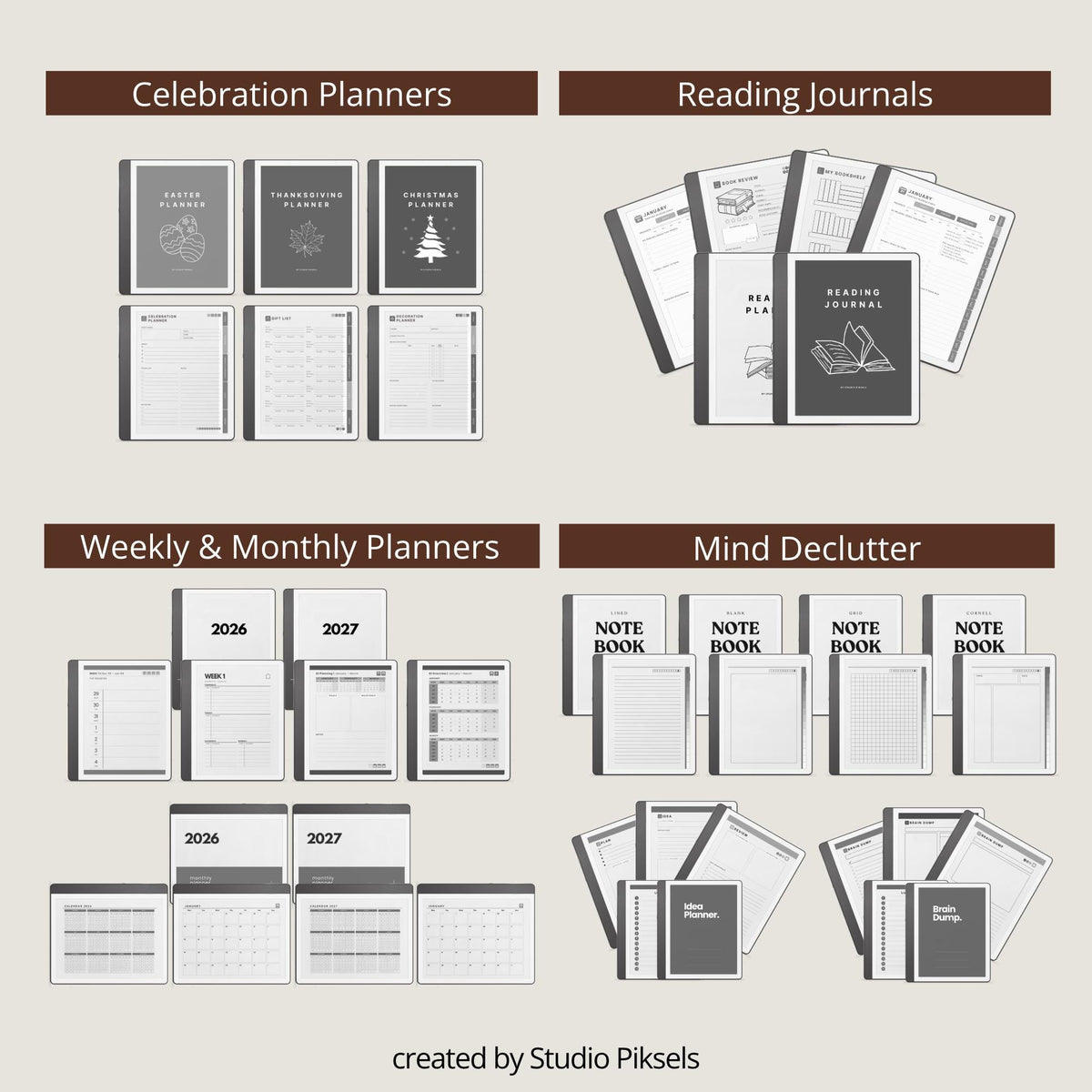 2026 digital goal planner for reMarkable 1 and 2 with habit trackers, monthly planning pages, and hyperlinked navigation