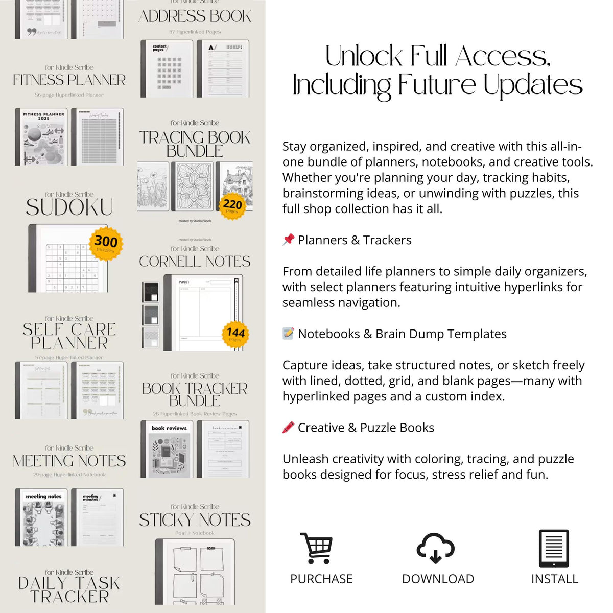 Full Access Template Bundle for Kindle Scribe featuring digital planners, notebooks, productivity trackers, puzzles, and hyperlinked templates.