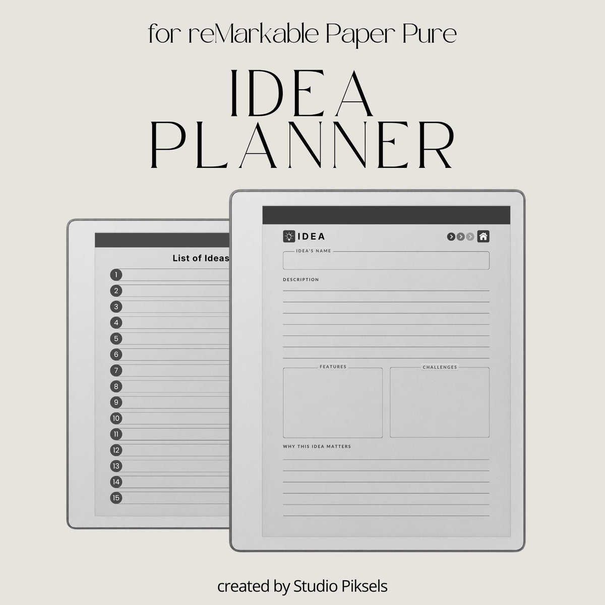 Idea Planner PDF for reMarkable Paper Pure and reMarkable 2 with hyperlinked planning pages and brainstorming templates.