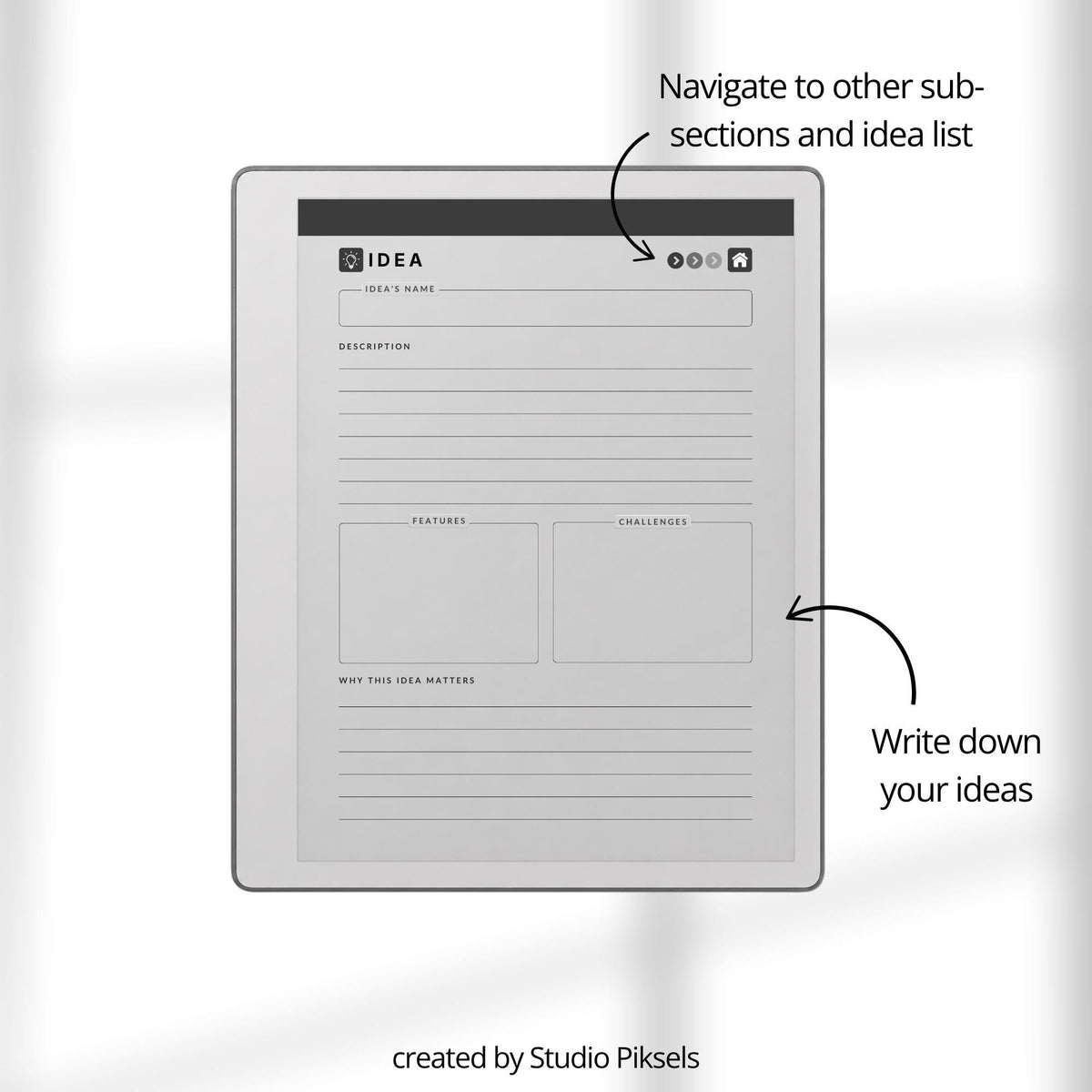 Idea Planner PDF for reMarkable Paper Pure and reMarkable 2 with hyperlinked planning pages and brainstorming templates.