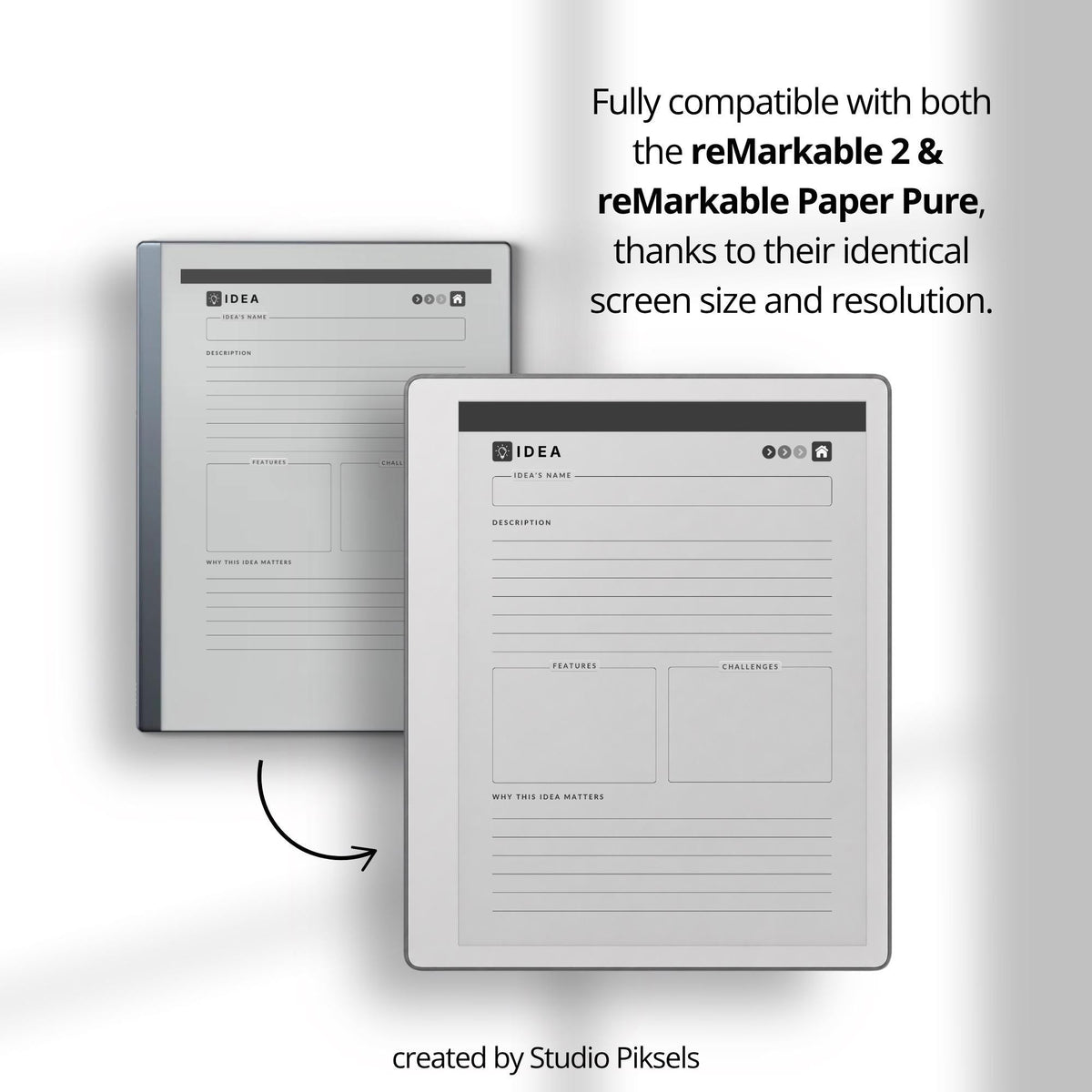 Idea Planner PDF for reMarkable Paper Pure and reMarkable 2 with hyperlinked planning pages and brainstorming templates.