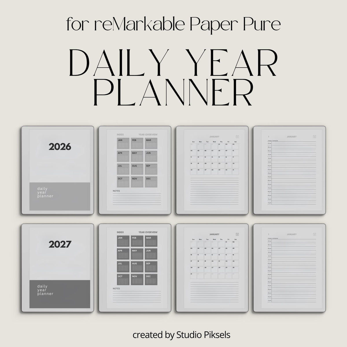 2026 + 2027 Hyperlinked Daily Planner for reMarkable Paper Pure