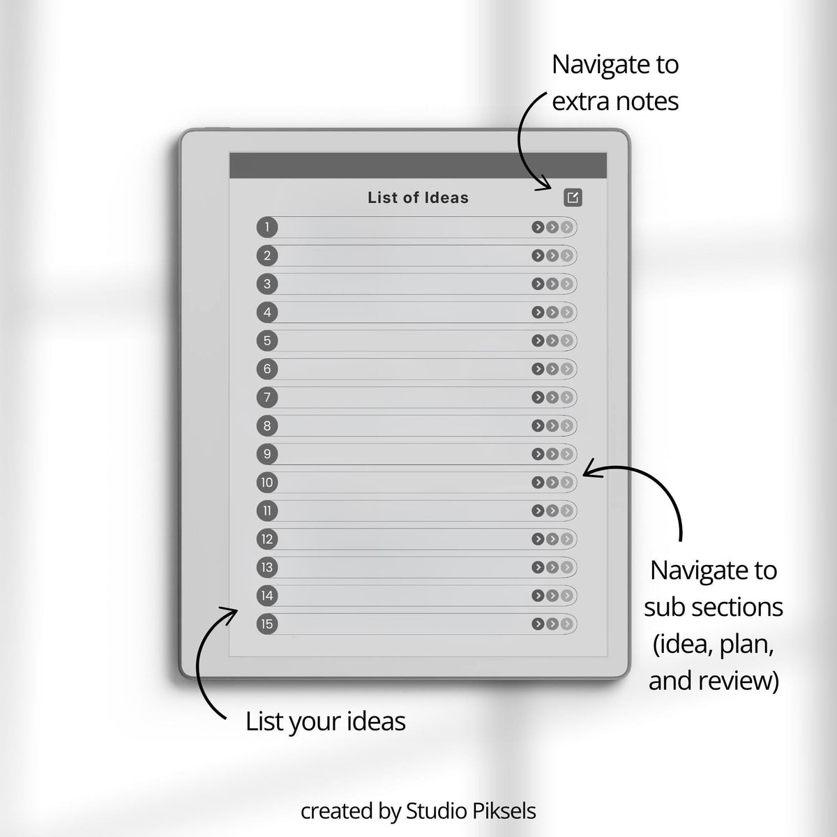 Idea Planner PDF for reMarkable Paper Pure and reMarkable 2 with hyperlinked planning pages and brainstorming templates.