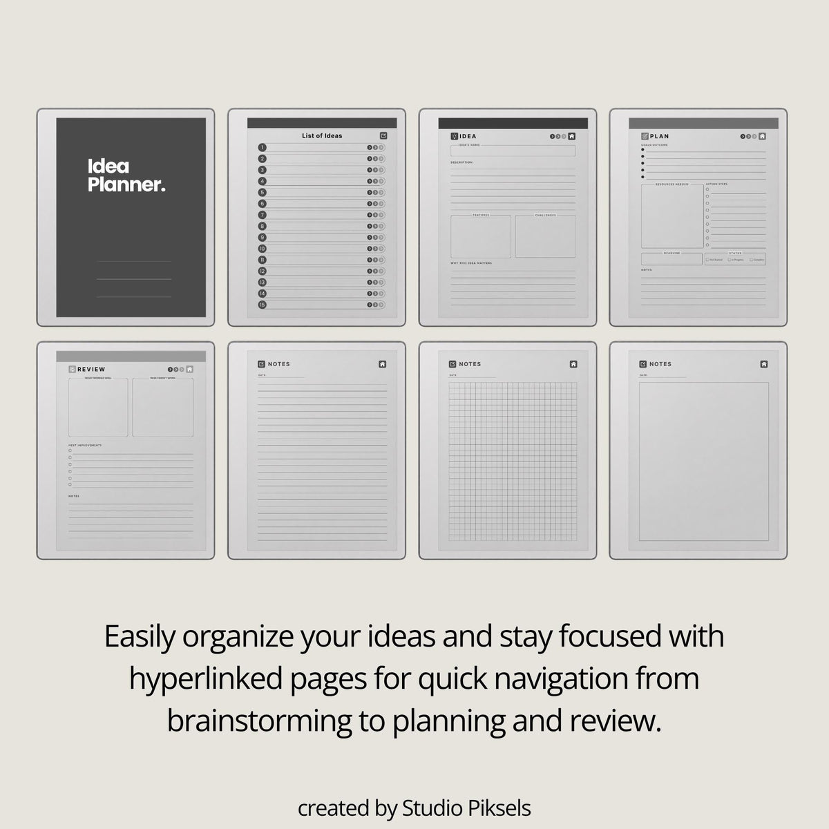 Idea Planner PDF for reMarkable Paper Pure and reMarkable 2 with hyperlinked planning pages and brainstorming templates.