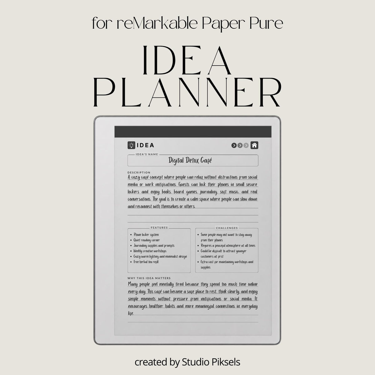 Idea Planner PDF for reMarkable Paper Pure and reMarkable 2 with hyperlinked planning pages and brainstorming templates.