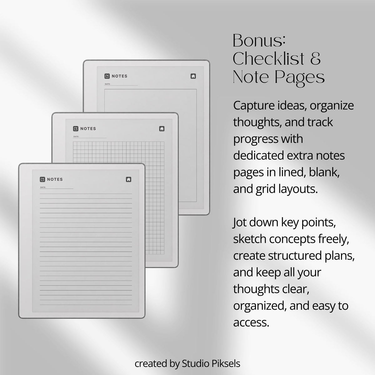 Idea Planner PDF for reMarkable Paper Pure and reMarkable 2 with hyperlinked planning pages and brainstorming templates.
