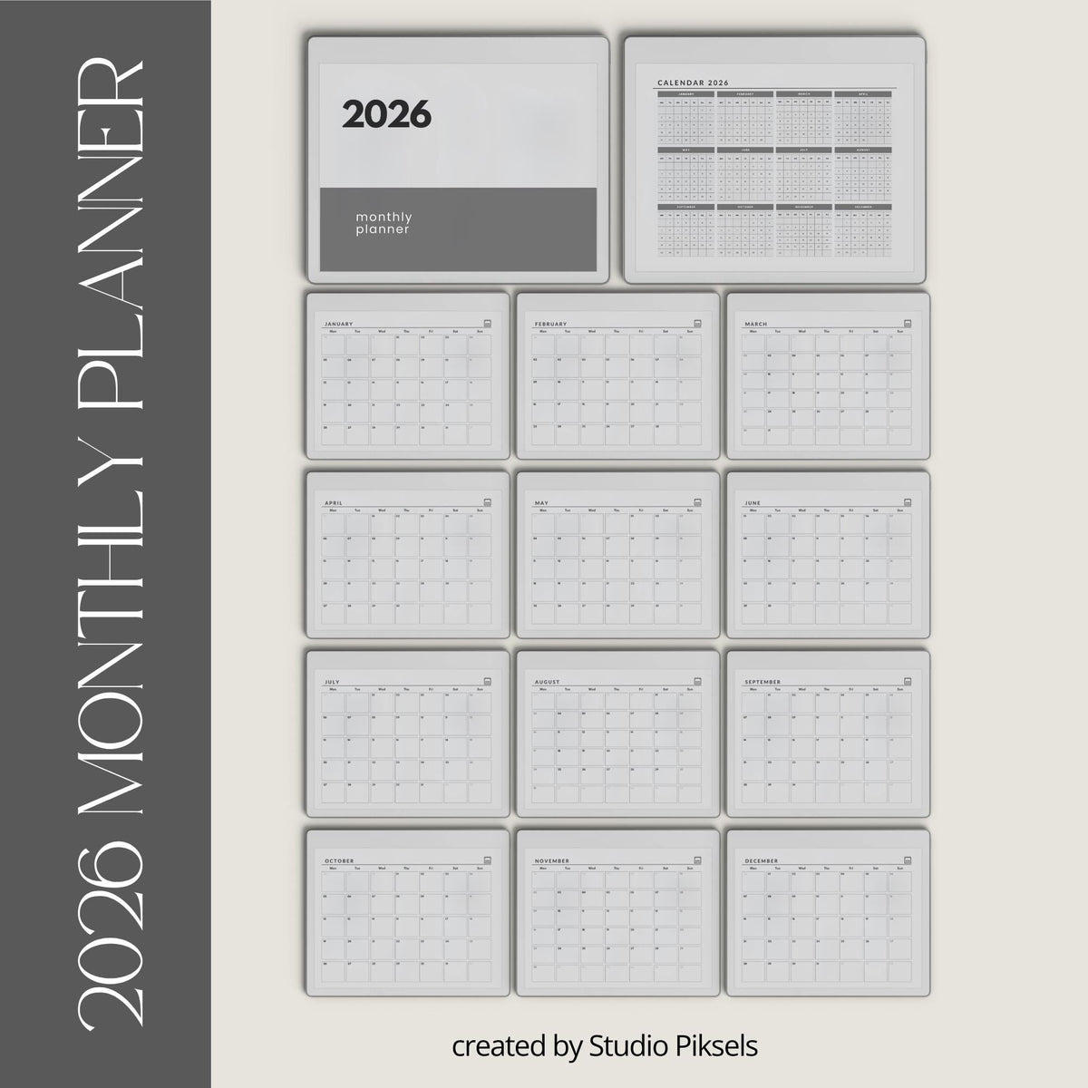2026 and 2027 landscape monthly planner PDF for reMarkable 2 and Paper Pure with minimalist grayscale monthly calendar pages