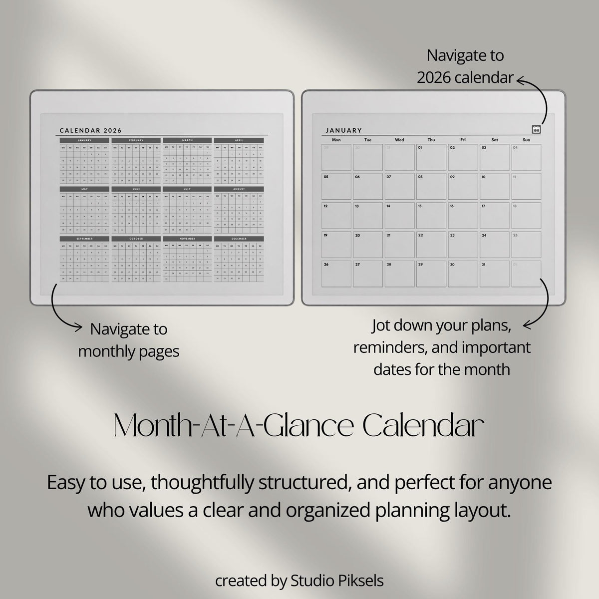 2026 and 2027 landscape monthly planner PDF for reMarkable 2 and Paper Pure with minimalist grayscale monthly calendar pages