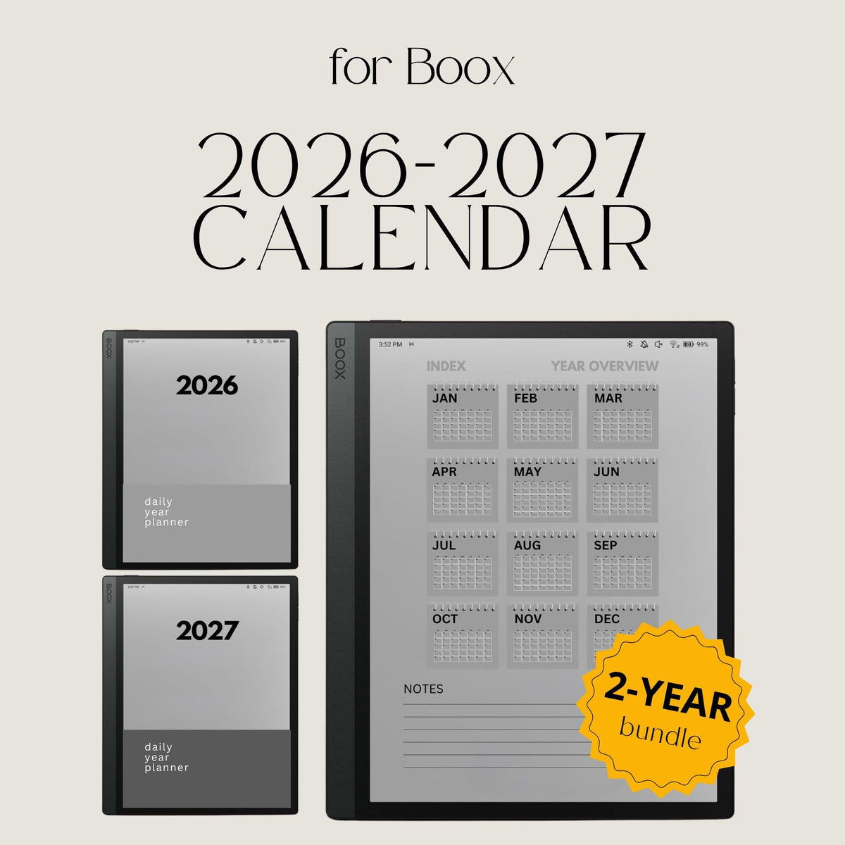 2026 and 2027 hyperlinked digital planners for BOOX devices with daily schedules and monthly calendar layouts